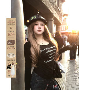 上衣 内搭长袖 安妮不火 休闲风丝网字母印花缩褶收腰T恤女微胖大码