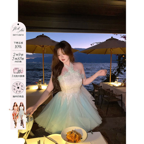 安妮不火  重工网纱玻璃丝拼接提花生日裙微胖大码收腰挂脖仙女裙