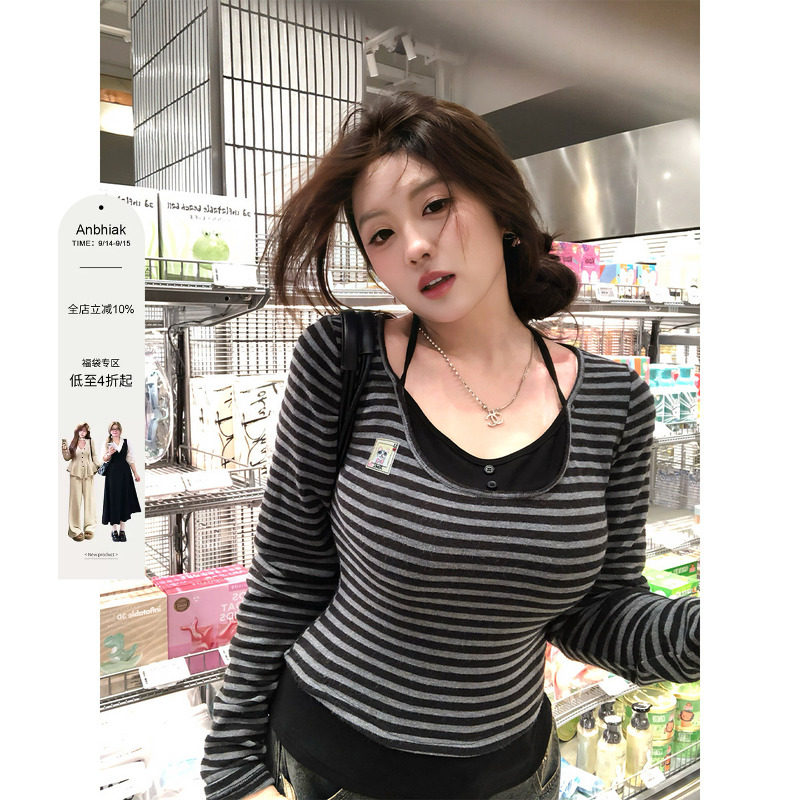 安妮不火小猫章仔撞色条纹绑带针织衫女微胖大码收腰显瘦长袖上衣图片