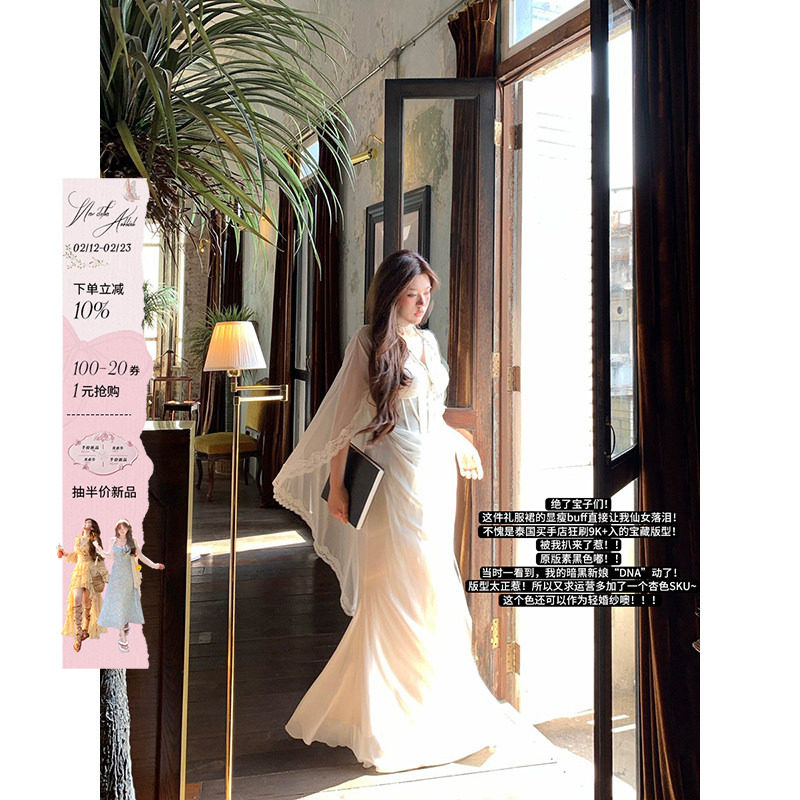 安妮不火银戒吻痕气质鱼骨雪纺女神拖尾裙女新款微胖大码半透视裙