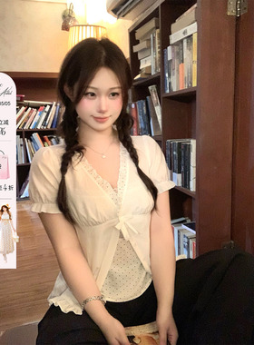 安妮不火假两件波点拼接木耳边蝴蝶结衬衫女微胖大码收腰显瘦小衫