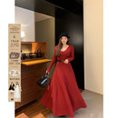 安妮不火 收腰连衣裙 气质收腰3米大伞摆高弹V领针织裙女微胖大码