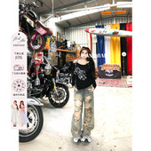 高腰阔腿牛仔裤 安妮不火波嬉裂革废土风破洞水洗牛仔裤 女微胖大码