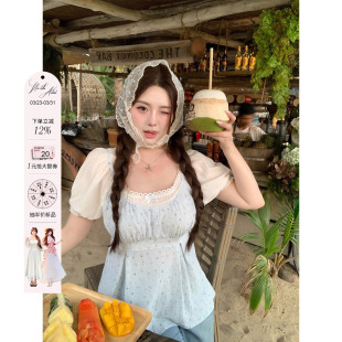 甜美收腰小衫 安妮不火 温柔系棉感花边假两件碎花上衣女微胖大码