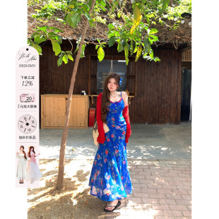 安妮不火 收腰碎花连衣裙 蓝礁红槿印花v领鱼尾雪纺吊带裙微胖大码