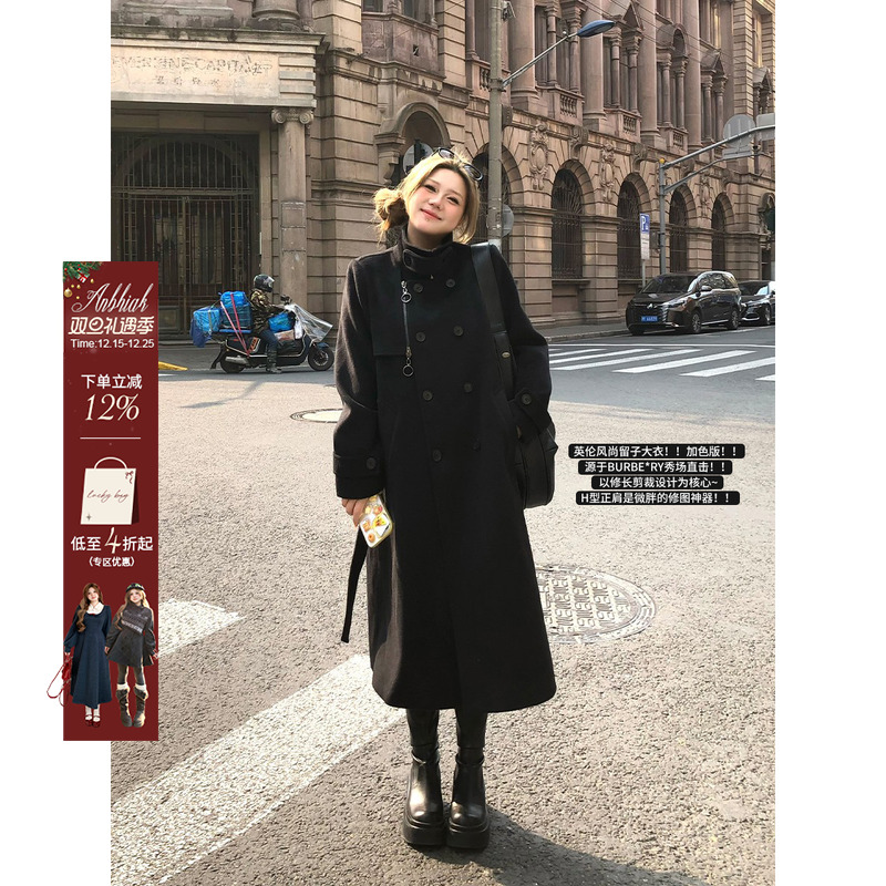 安妮不火 双排扣呢子大衣女2024秋冬新款微胖大码气质毛呢长外套