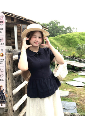 安妮不火 告白手信学院派冰感娃娃领衬衫女微胖大码收腰短袖上衣