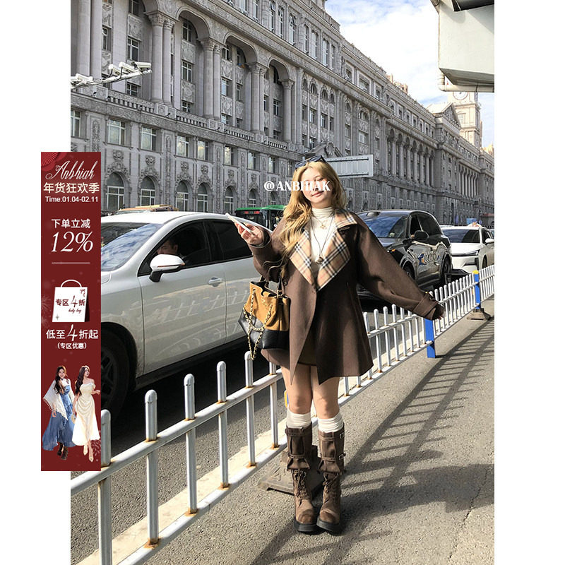 安妮不火 氛围感格纹拼接磨毛猎户短风衣女微胖大码显瘦风衣外套,女装/女士精品,风衣,淘宝优惠券,粉丝福利购,淘宝优惠卷