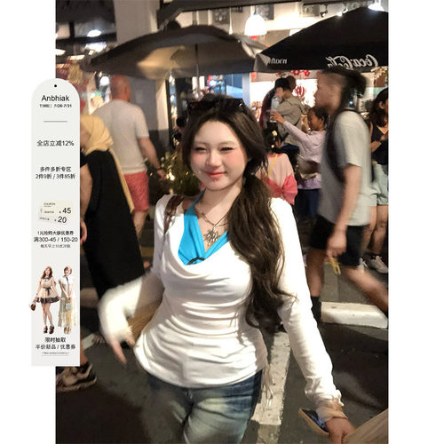 安妮不火 甜辣风撞色假两件上衣女2025春夏新款微胖大码纯欲长袖
