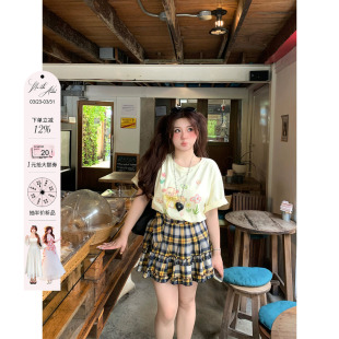 安妮不火奶昔格野木耳边绑带格纹半身裙女夏季 格子短裙子 微胖大码