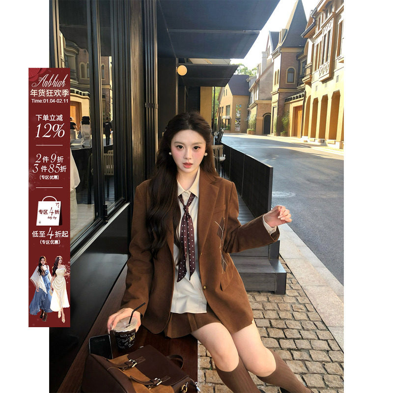 安妮不火 减龄学院风格纹贴布绣三件套女微胖大码灯芯绒西装外套,女装/女士精品,时尚套装,淘宝优惠券,粉丝福利购,淘宝优惠卷