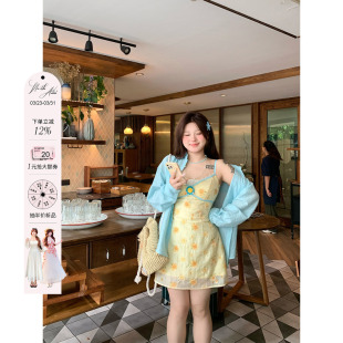 度假风衬衫 安妮不火盛夏葵野清新甜美绣花吊带短裙女夏季 微胖大码