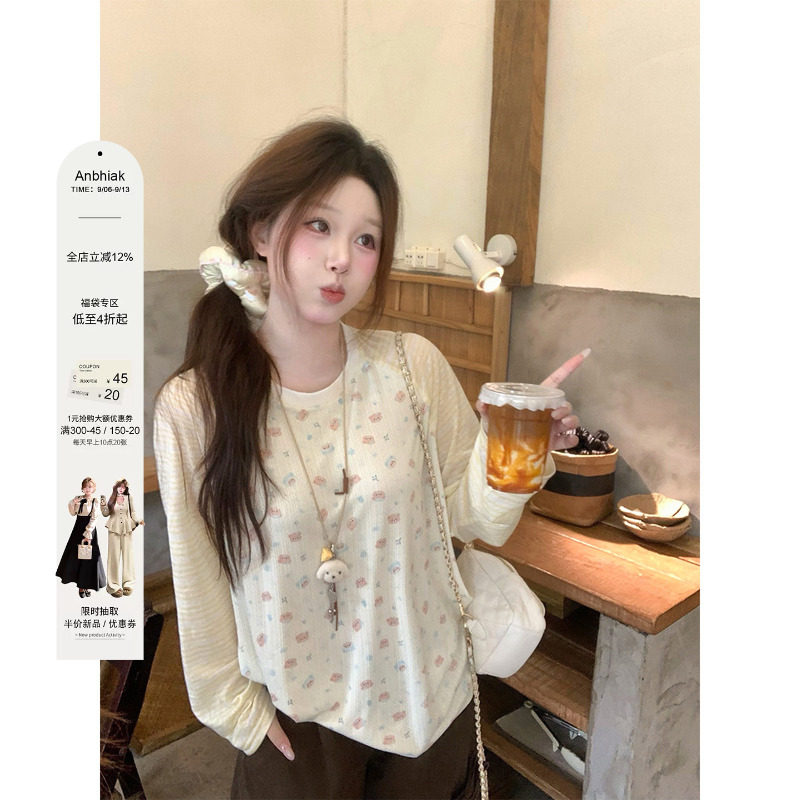 安妮不火 可爱风小熊印花撞色插肩针织T恤女微胖大码宽松长袖上衣图片