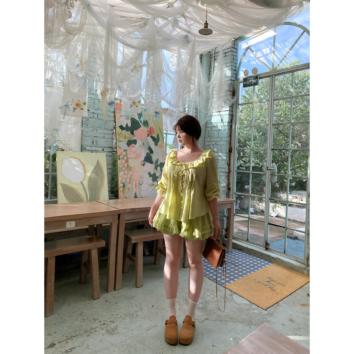 安妮不火 微收腰娃娃衫+花苞短裤两件套女微胖大码少女感绿色套装图片