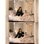 安妮不火宫廷风港平绒蕾丝拼接连衣裙女微胖大码 假两件收腰裙 法式