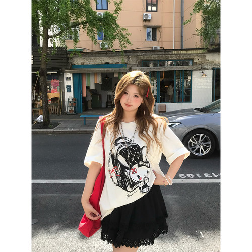 安妮不火 甜睫漫刊甜酷kitty印花针织T恤女微胖大码宽松短袖上衣
