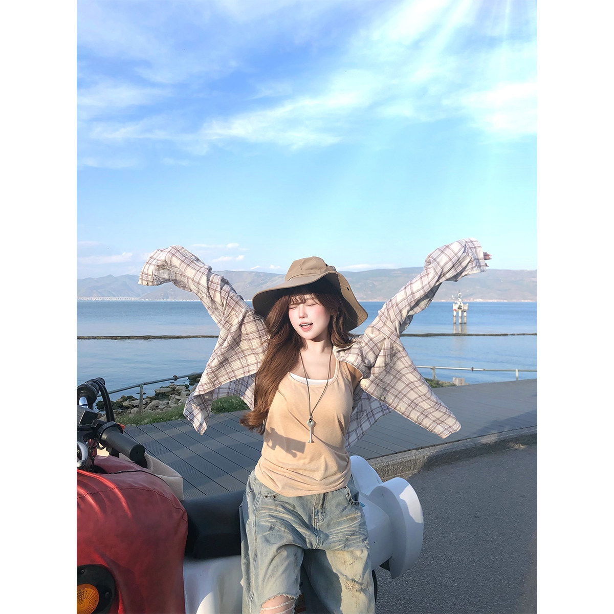 安妮不火 100%棉肌理感泡泡格纹宽松衬衫女微胖大码格子衬衣外套