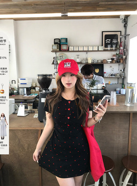 安妮不火恋语织物俏皮感桃心印花连衣裙女微胖大码收腰可爱小裙子