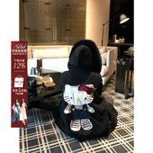 宽松显瘦开衫 安妮不火 kitty贴布毛领连帽针织卫衣外套女微胖大码