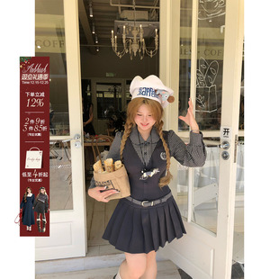 学院风裙子 纹拼接娃娃领百褶裙女微胖大码 安妮不火 高智学院风格