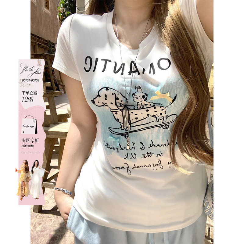 安妮不火 氣水海盐番甜酷斑点狗印花T恤女夏微胖大码收腰短袖上衣