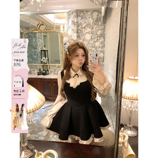 安妮不火 钉钻娃娃领缎面拼呢料连衣裙女微胖大码假两件千金裙子