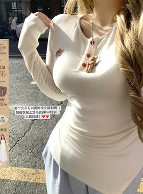 安妮不火 kitty刺绣磨毛高弹收腰针织T恤女微胖大码显瘦长袖上衣