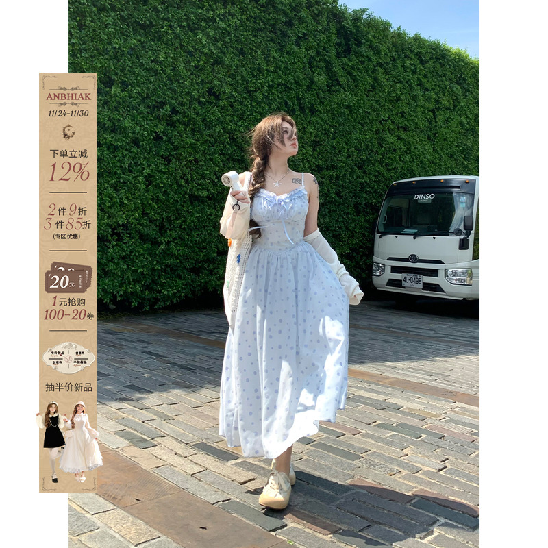 安妮不火 甜美木耳边碎花长裙女2025春夏新款微胖大码温柔连衣裙