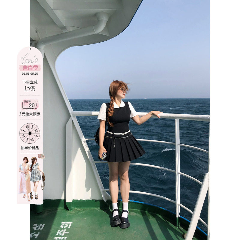 安妮不火济州文学系学院风假两件连衣裙女微胖大码韩版女主小黑裙