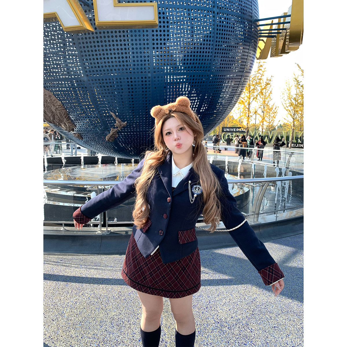 安妮不火英伦学院风夹棉呢料西装套组女微胖大码收腰显瘦四件套装