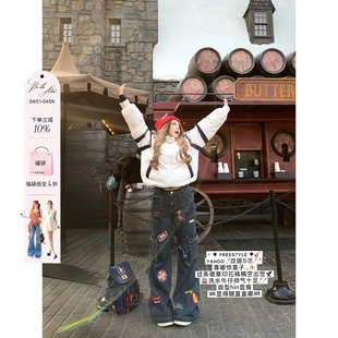 女微胖大码 安妮不火 美式 图章印花多口袋直筒牛仔裤 子 痞酷牛仔裤
