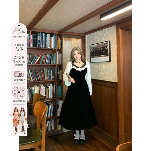 安妮不火 千金风灯芯绒蕾丝花边领连衣裙女微胖大码气质收腰裙子