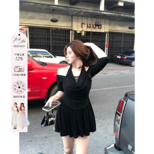 收腰名媛裙 针织小黑裙女微胖大码 安妮不火 设计感挂脖荡领五分袖