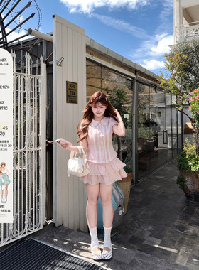 安妮不火 少女感娃娃领衬衫+蛋糕裙套组女微胖大码粉色显瘦两件套