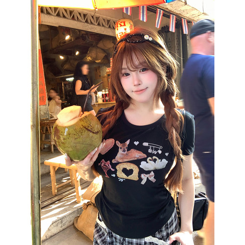 安妮不火 少女心ins风印花缩褶收腰针织T恤女微胖大码收腰小上衣