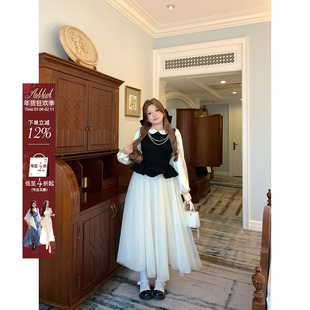 安妮不火 重磅款千金风撞色网纱连衣裙女微胖大码拼接荷叶边裙子