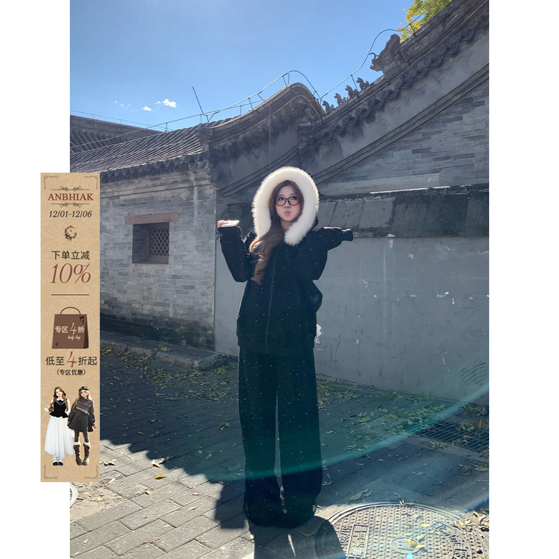 安妮不火 爆闪烫钻毛领加绒卫衣长裤套装女微胖大码保暖两件套装