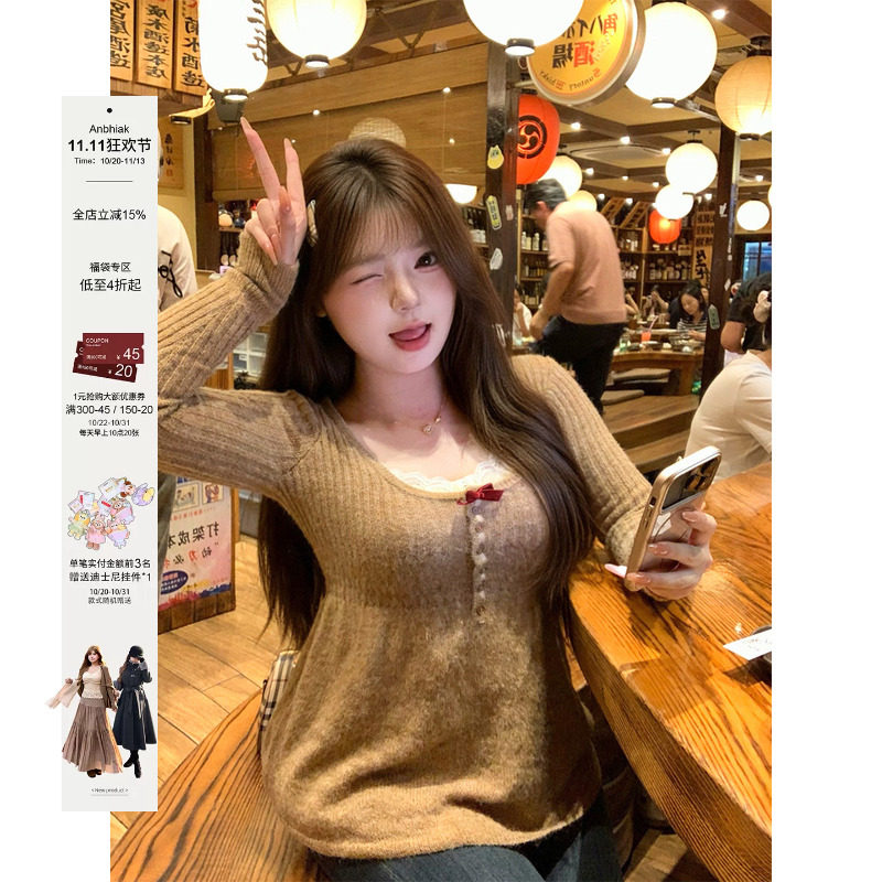安妮不火 日系甜美U领蝴蝶结高弹针织衫女微胖大码秋冬长袖打底衫
