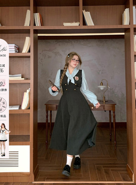 安妮不火 学院风TR西装料条纹拼接连衣裙女秋微胖大码假两件裙子