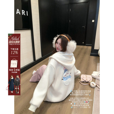 安妮不火 复合银狐绒雪人贴布连帽卫衣女微胖大码宽松开衫外套