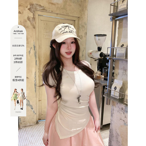 安妮不火 三色自留!缩褶收腰高弹针织T恤女微胖大码修身纯色上衣