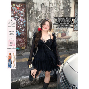安妮不火 微胖大码 小黑裙套装 纯欲荷叶边雪纺短裙女2025春夏新款