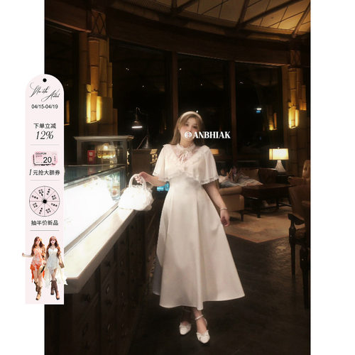 安妮不火木梨花缎带结甜美系斗篷千金裙女夏季新款微胖大码公主裙