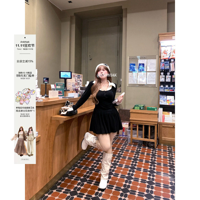 安妮不火 撞色翻领缩褶收腰针织连衣裙女微胖大码收腰显瘦短裙子