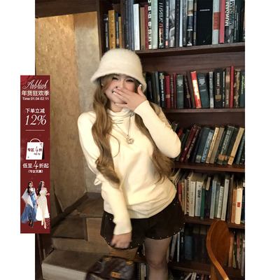 安妮不火 设计感古早堆堆领蝙蝠袖毛织衫女微胖大码收腰气质上衣