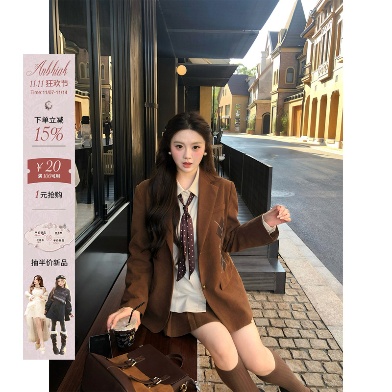 安妮不火 减龄学院风格纹贴布绣三件套女微胖大码灯芯绒西装外套