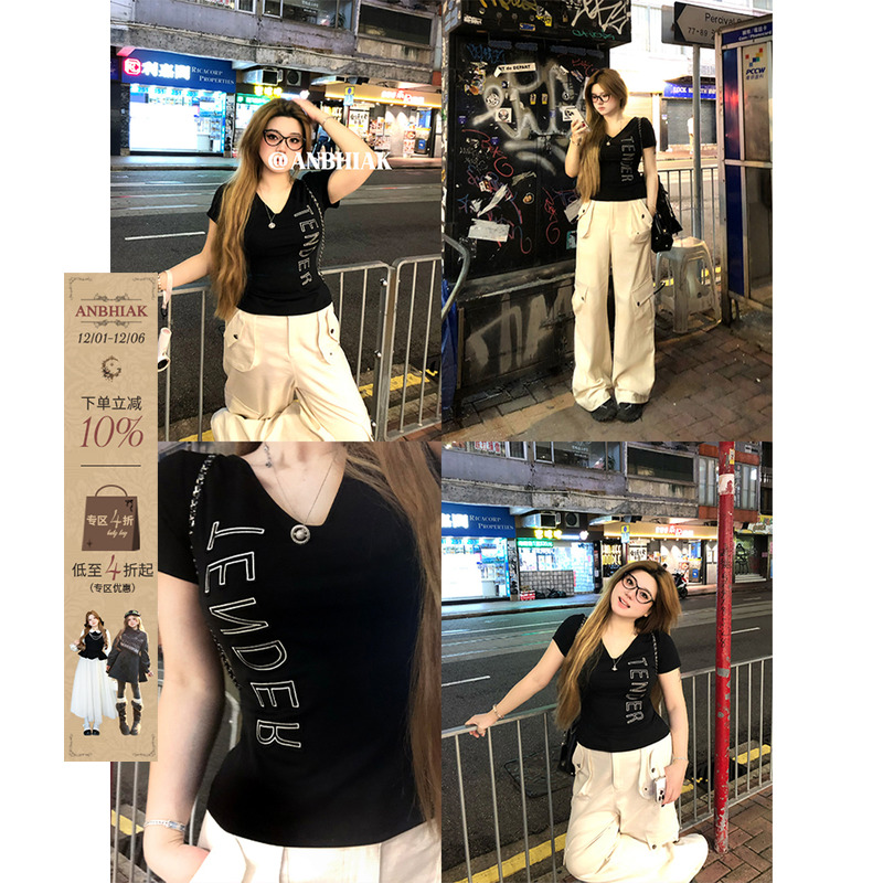 安妮不火美式散纪甜酷字母贴布针织T恤女微胖大码V领收腰短袖上衣