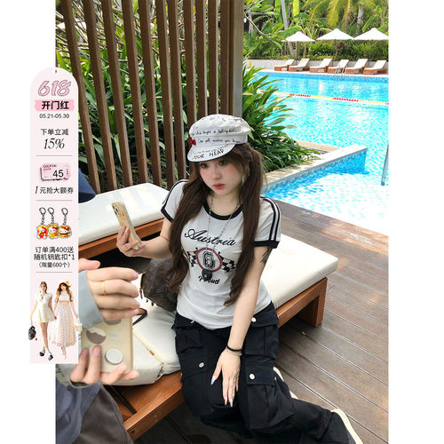 安妮不火 诺丁汉8号赛车元素印花圆领T恤女微胖大码美式短袖上衣