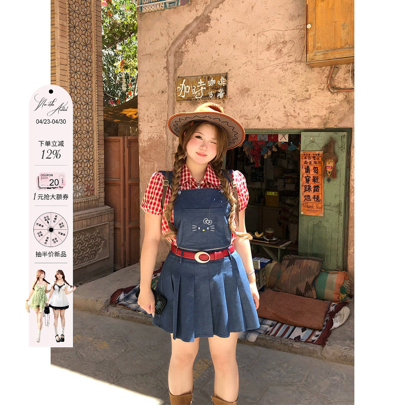 安妮不火 古城爱丽丝一衣多穿kt刺绣背带裙女微胖大码可爱收腰裙