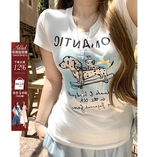 安妮不火 氣水海盐番甜酷斑点狗印花T恤女夏微胖大码收腰短袖上衣